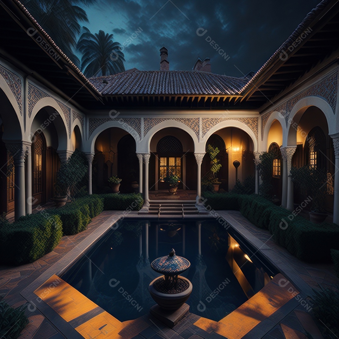 Um pátio com piscina e colunas com algumas plantas.