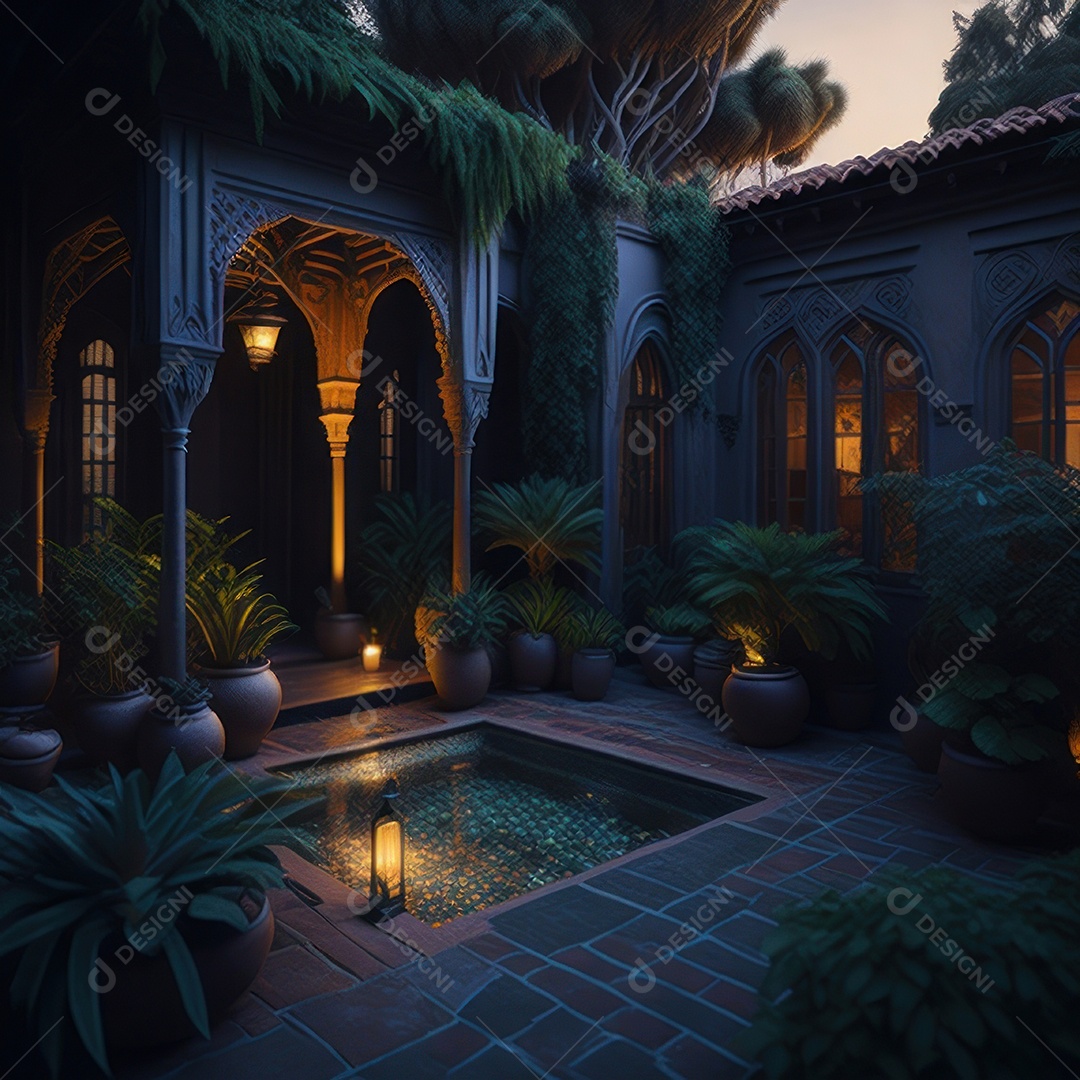 Um pátio com piscina e colunas com algumas plantas.