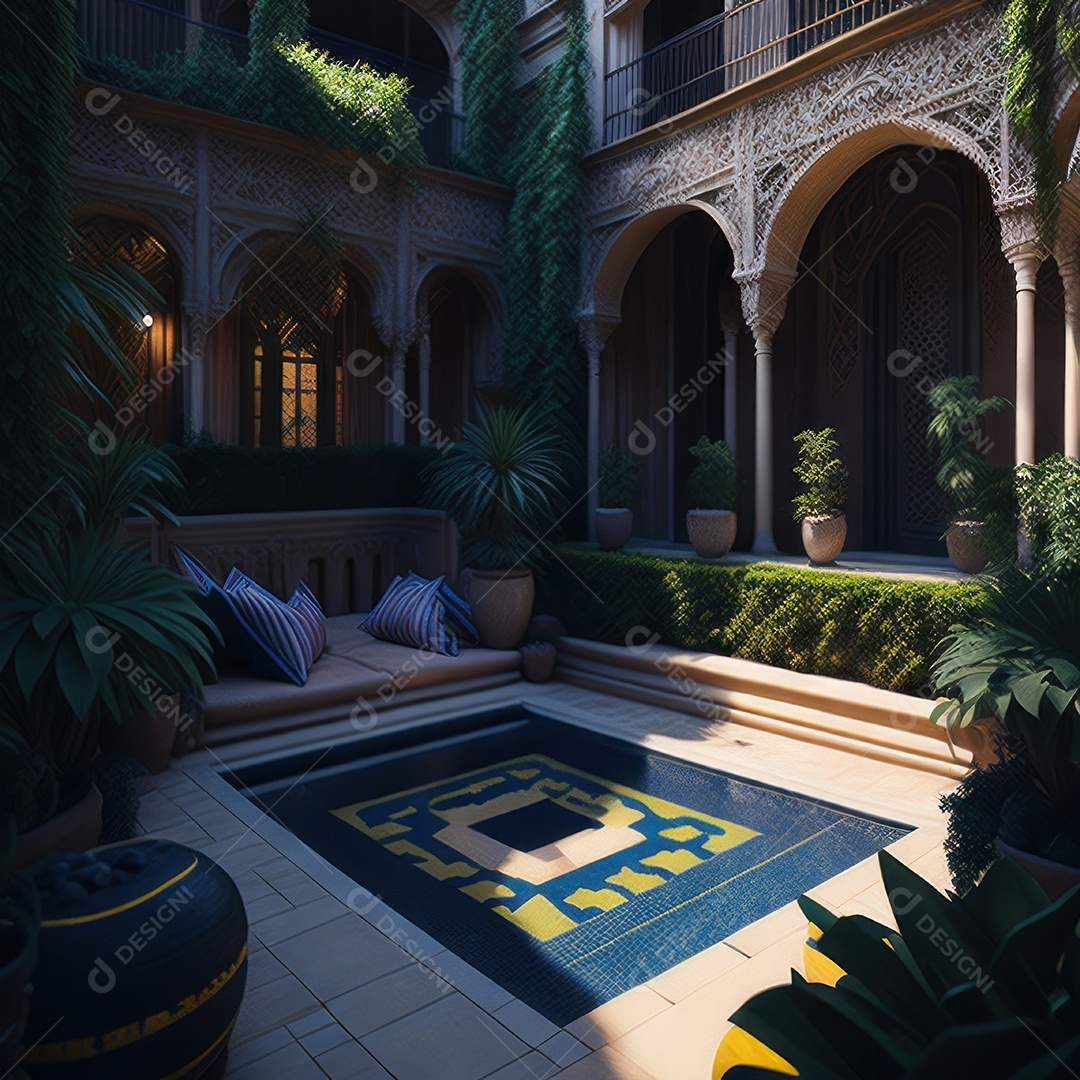 Um pátio com piscina e colunas com algumas plantas.