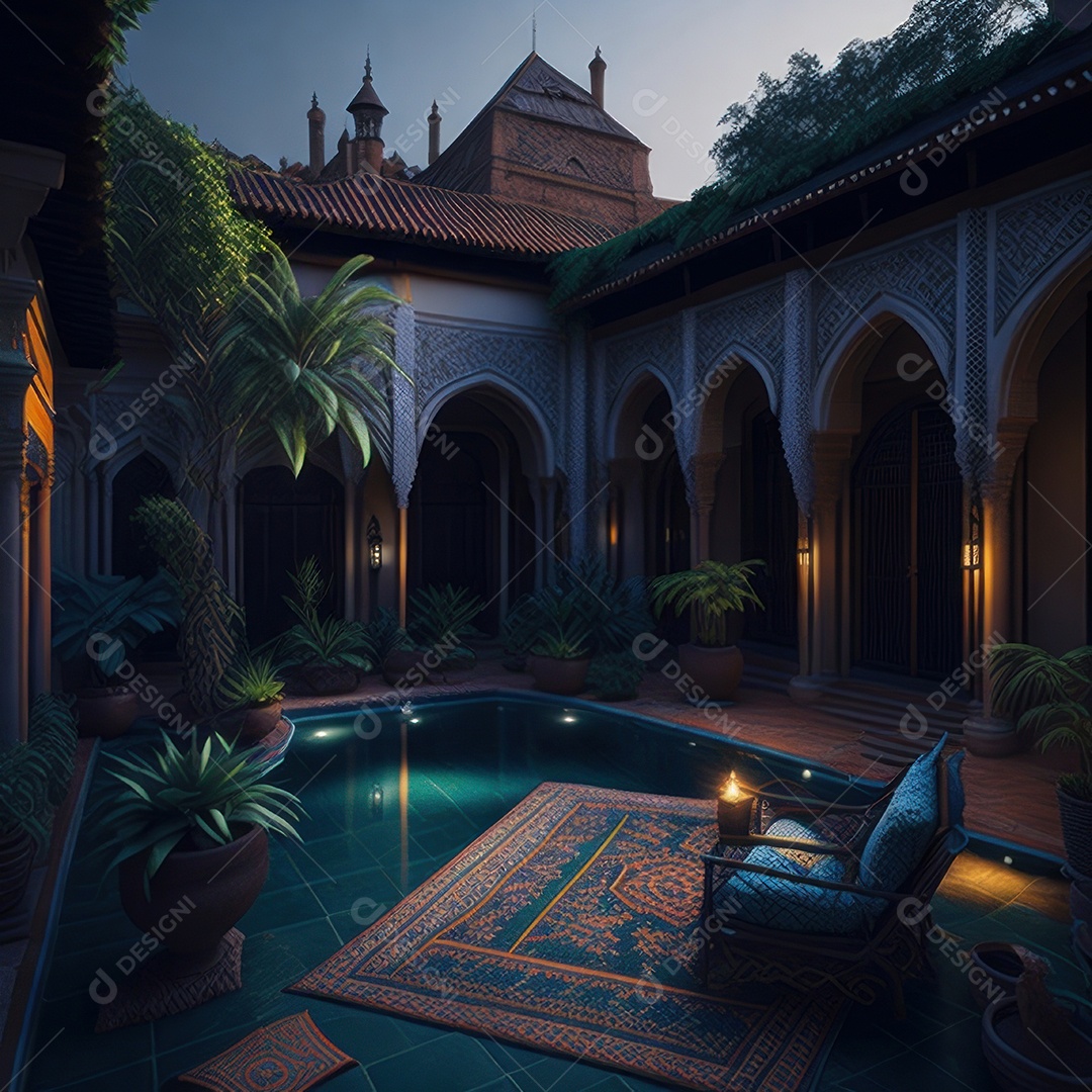 Um pátio com piscina e colunas com algumas plantas.