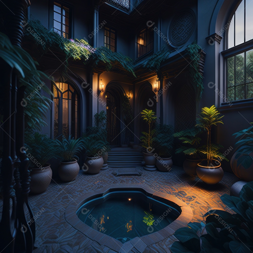 Um pátio com piscina e colunas com algumas plantas.