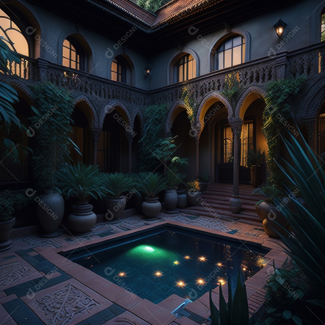 Um pátio com piscina e colunas com algumas plantas.