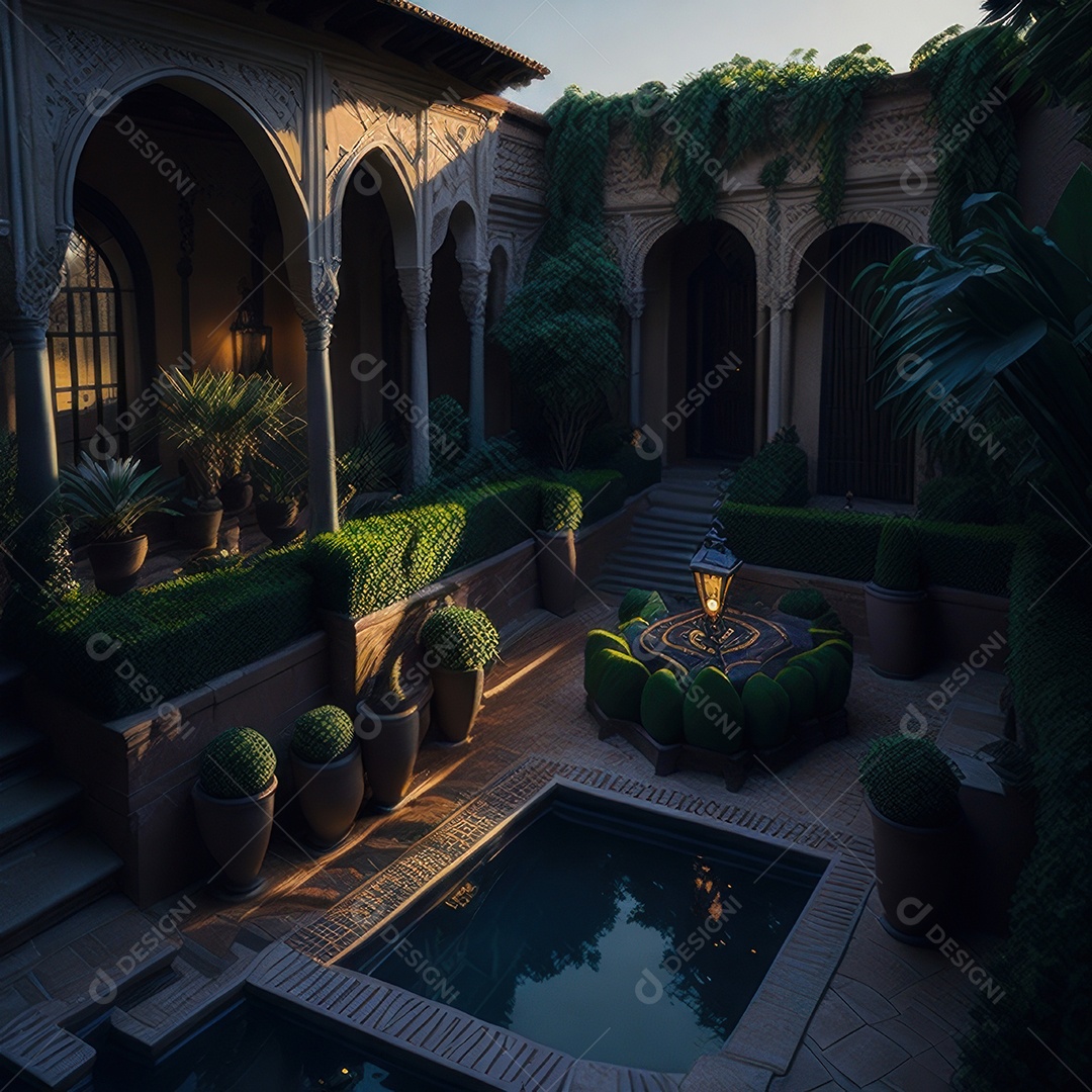 Um pátio com piscina e colunas com algumas plantas.