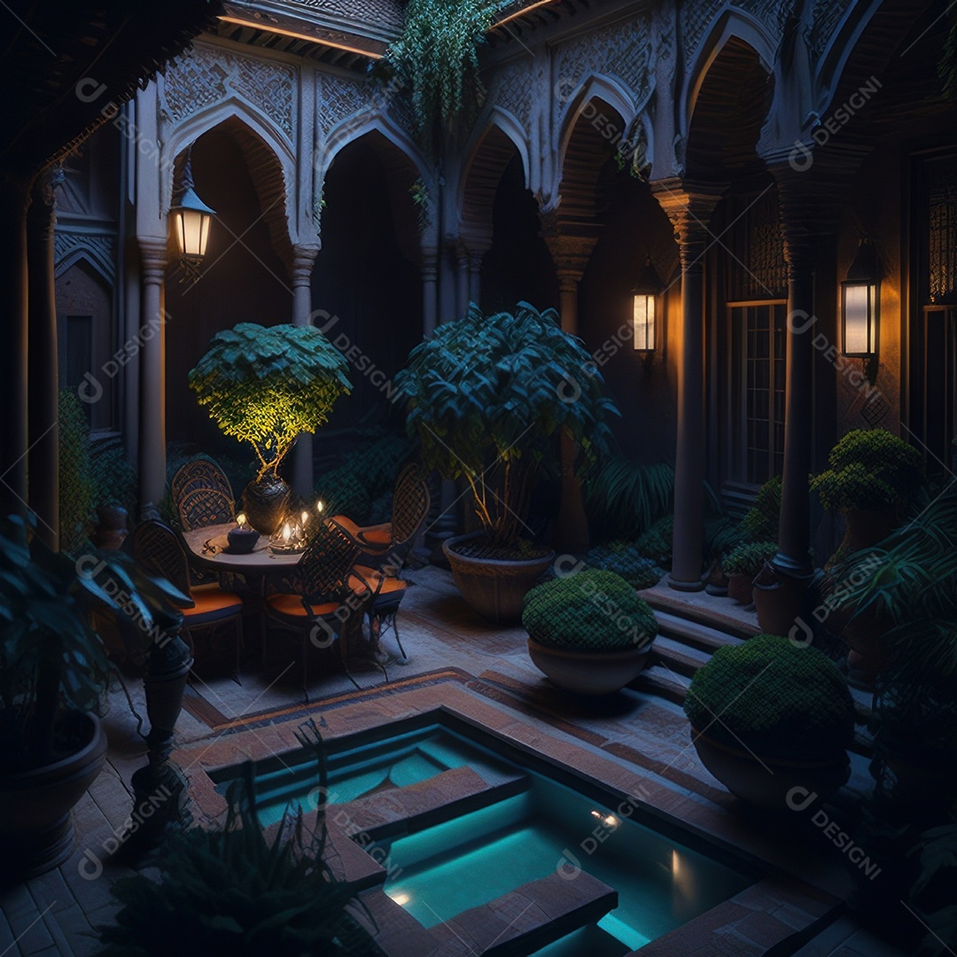 Um pátio com piscina e colunas com algumas plantas.