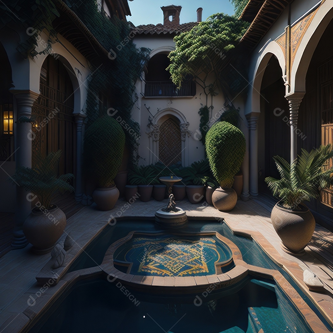 Um pátio com piscina e colunas com algumas plantas.