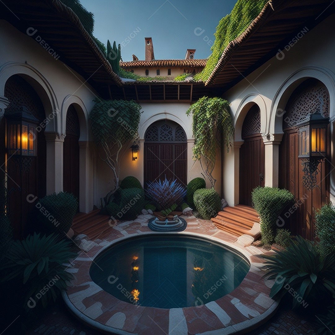 Um pátio com piscina e colunas com algumas plantas.