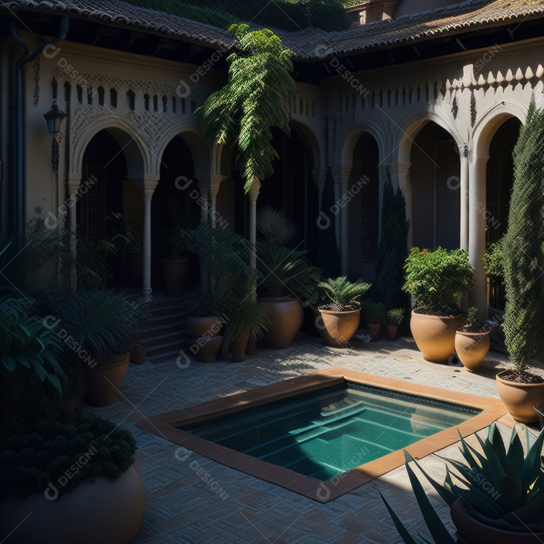 Um pátio com piscina e colunas com algumas plantas.