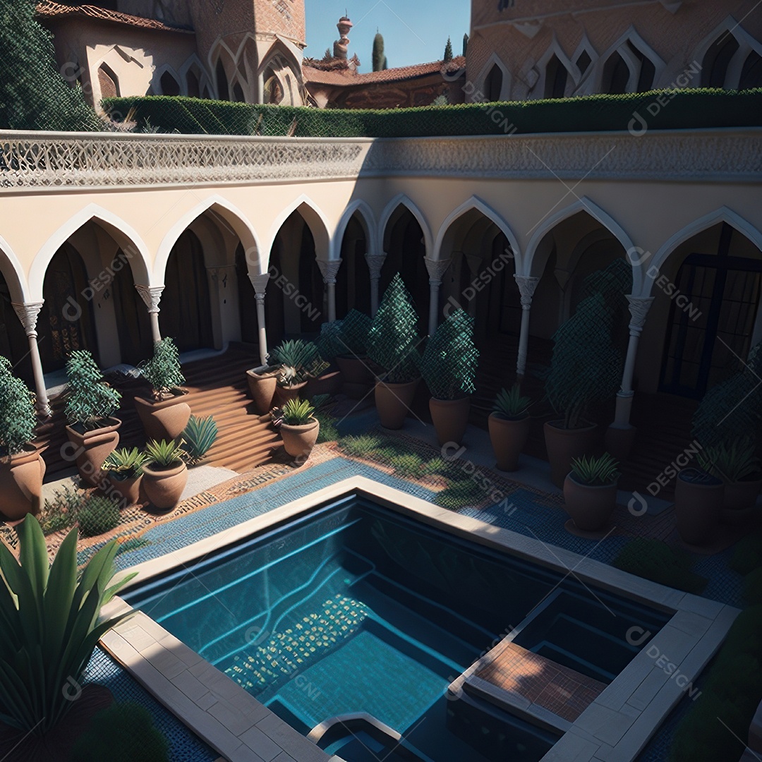 Um pátio com piscina e colunas com algumas plantas.