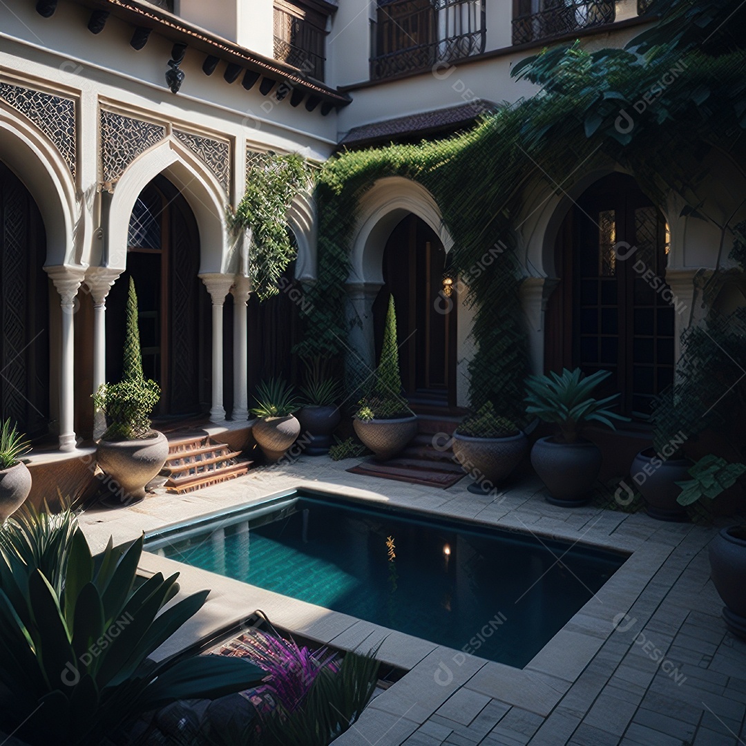 Um pátio com piscina e colunas com algumas plantas.