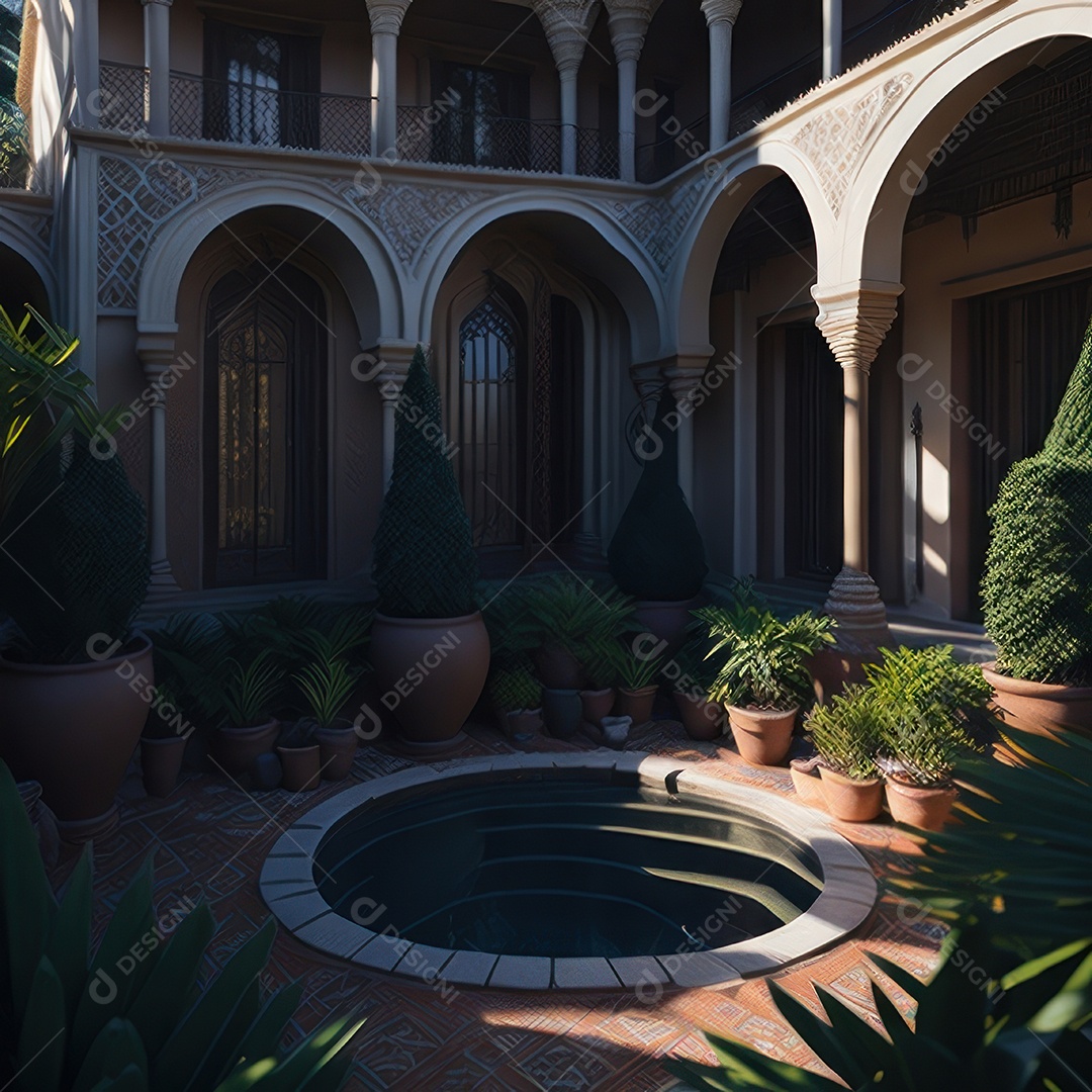 Um pátio com piscina e colunas com algumas plantas.