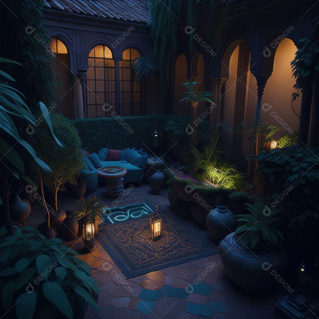 Um pátio com piscina e colunas com algumas plantas.