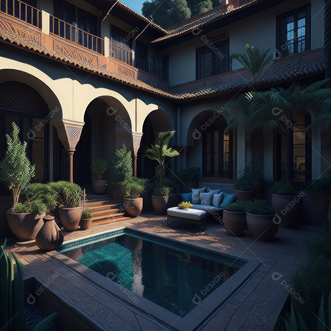 Um pátio com piscina e colunas com algumas plantas.