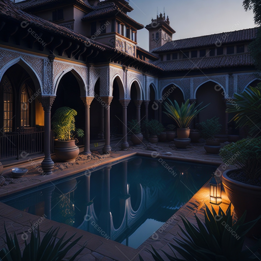 Um pátio com piscina e colunas com algumas plantas.