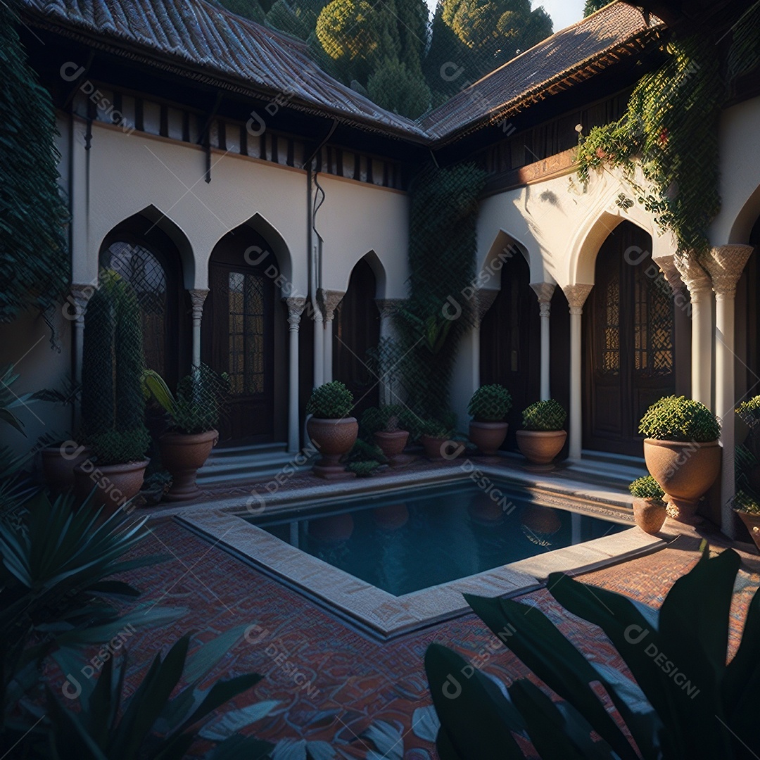 Um pátio com piscina e colunas com algumas plantas.