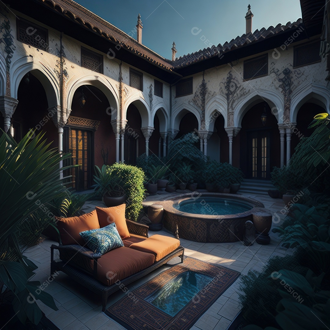 Um pátio com piscina e colunas com algumas plantas.