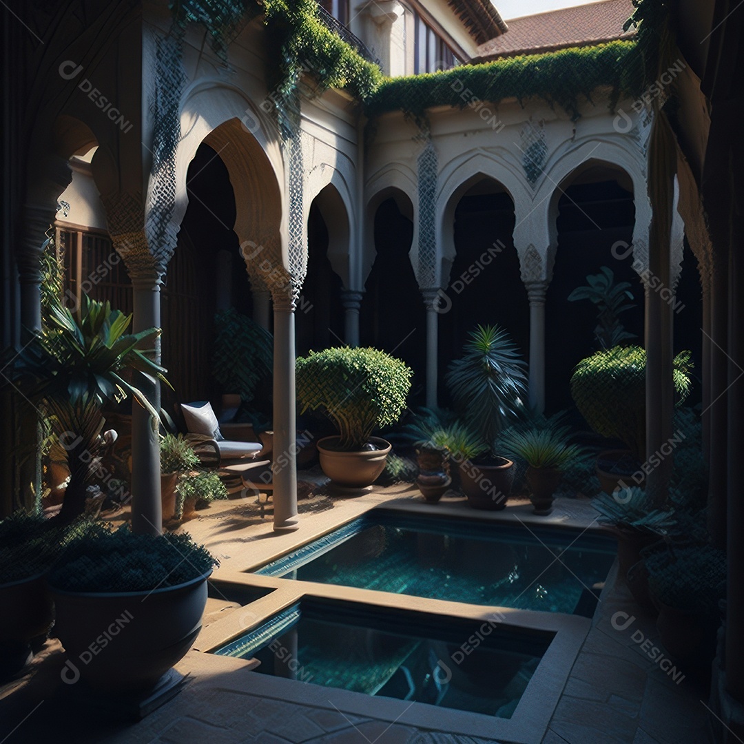 Um pátio com piscina e colunas com algumas plantas.