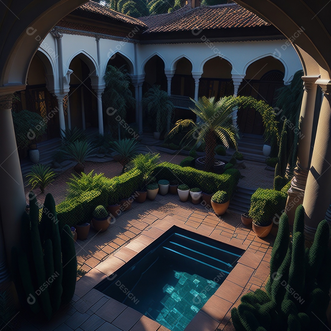 Um pátio com piscina e colunas com algumas plantas.