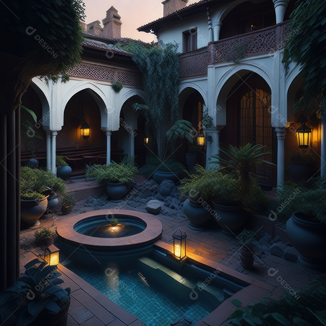 Um pátio com piscina e colunas com algumas plantas.