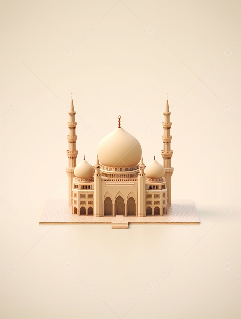 Mesquita islâmica bege com cúpula e torres.