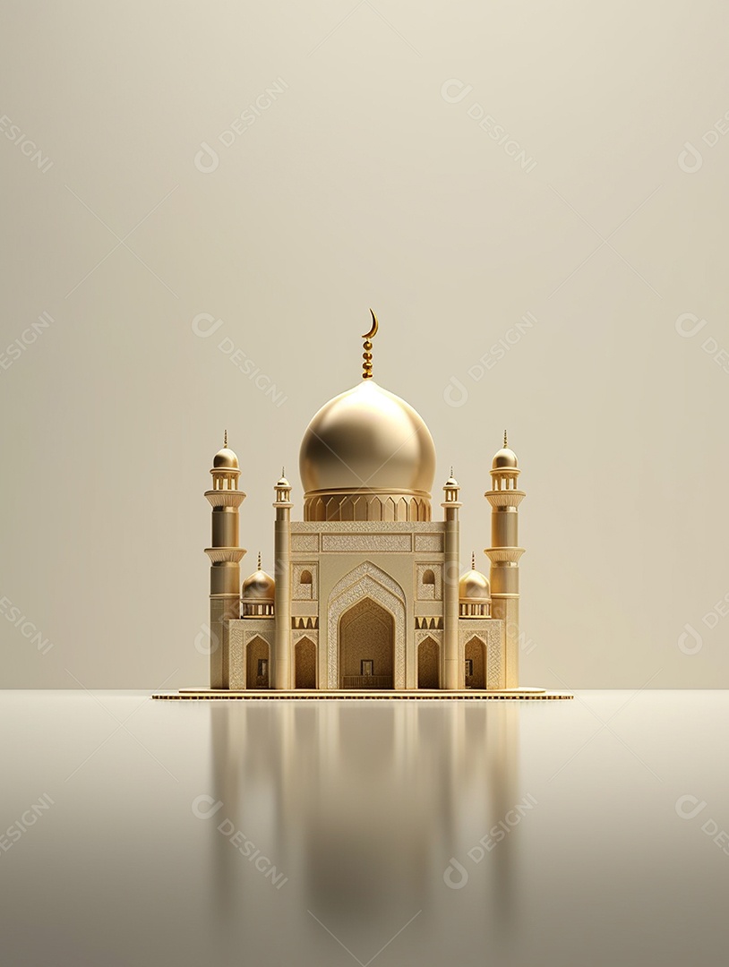 Mesquita islâmica dourada com cúpula e torres.