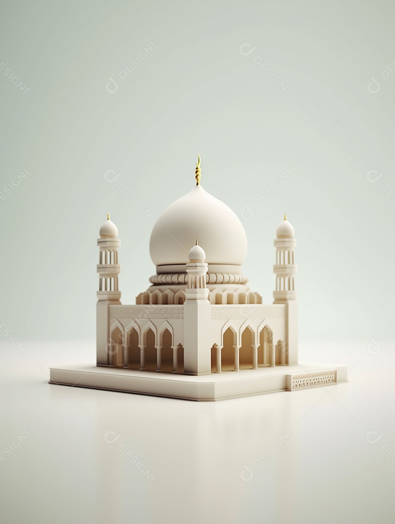 Mesquita islâmica bege com cúpula e vários portais.