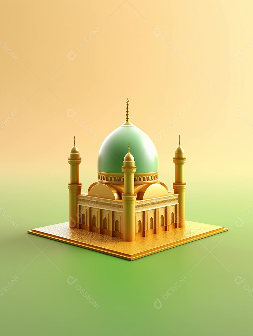 Mesquita islâmica dourada com cúpula verde.