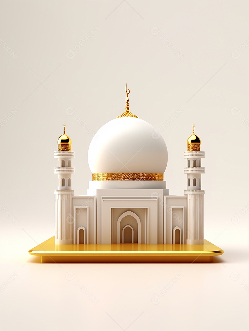Mesquita islâmica branca com cúpula e detalhes dourado.