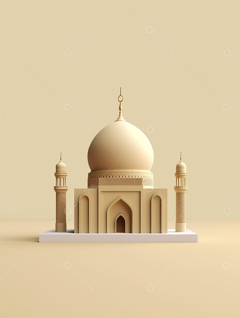 Mesquita islâmica bege com cúpula e torres.
