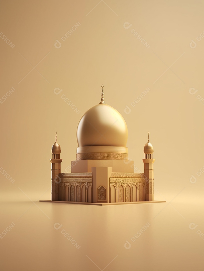 Mesquita islâmica dourada com cúpula e torres.