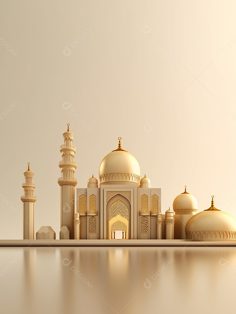 Luxuosa mesquita islâmica bege com cúpula e porta no meio.