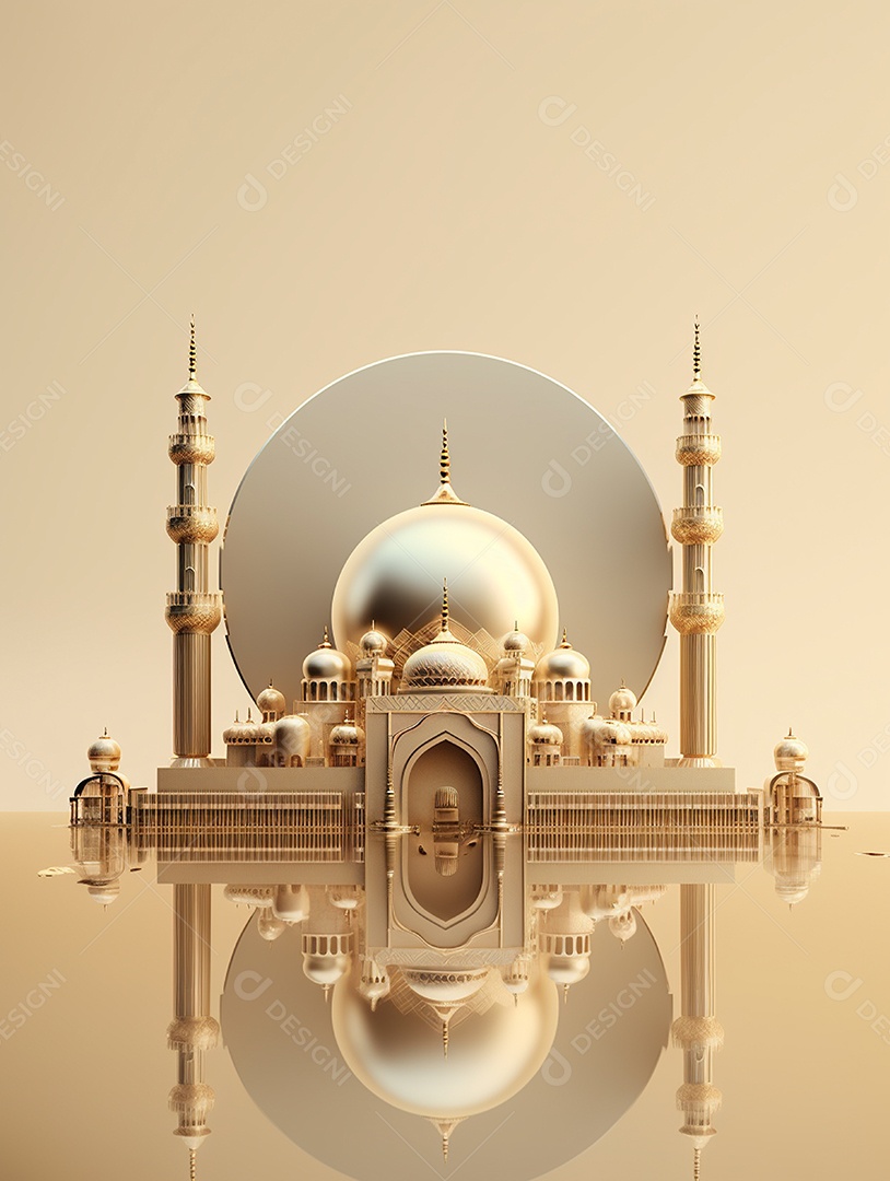 Mesquita islâmica dourada com cúpula e torres.