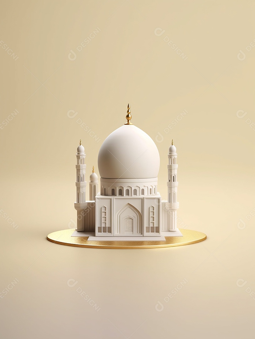 Mesquita islâmica branca com cúpula e torres.