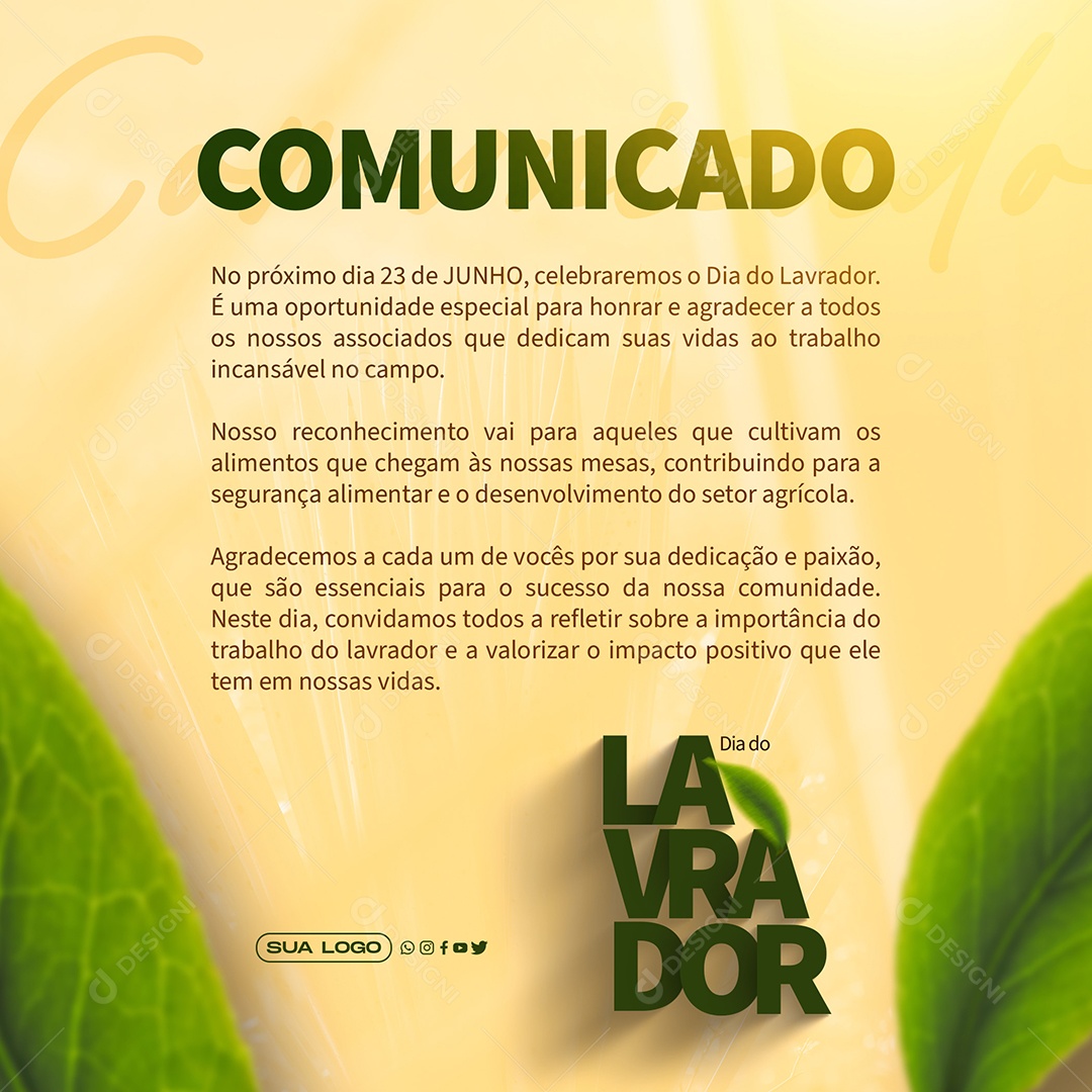 Post Dia do Lavrador Comunicado Social Media PSD Editável