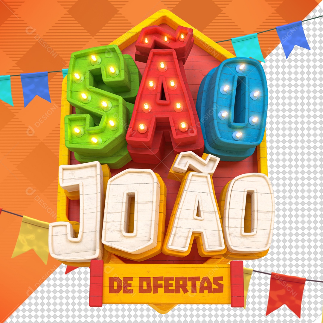 Selo 3D São João De Ofertas Bandeiras Luzes Para Composição PSD