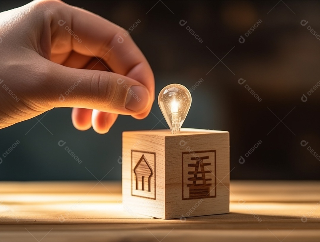 Pequena lâmpada sobre bloco de madeira.