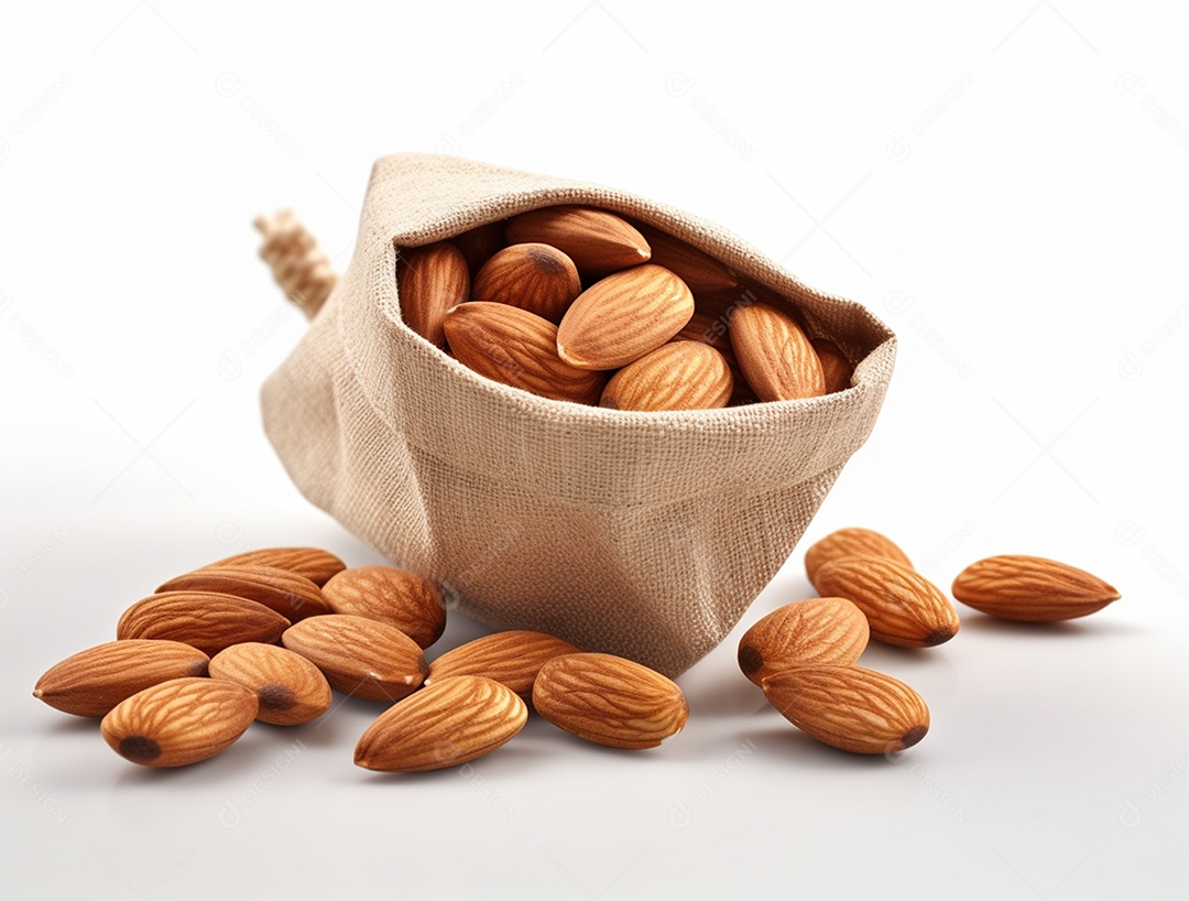 Saco de amêndoas sobre fundo branco.