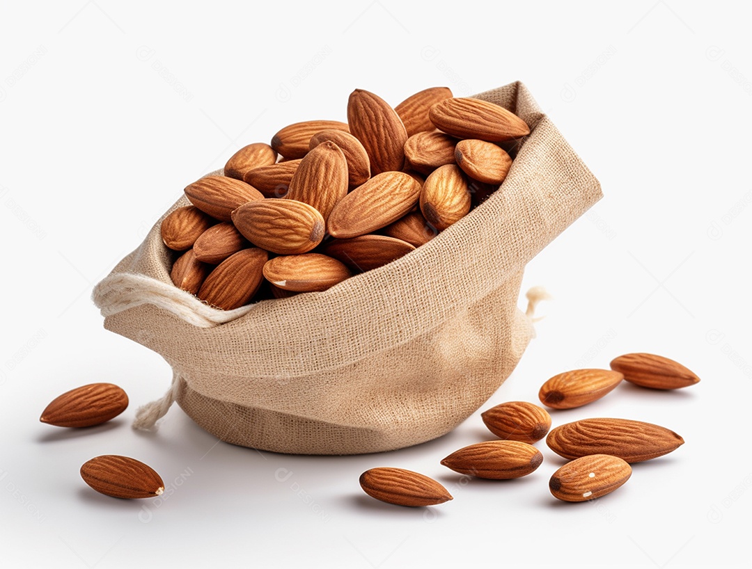 Saco de amêndoas sobre fundo branco.