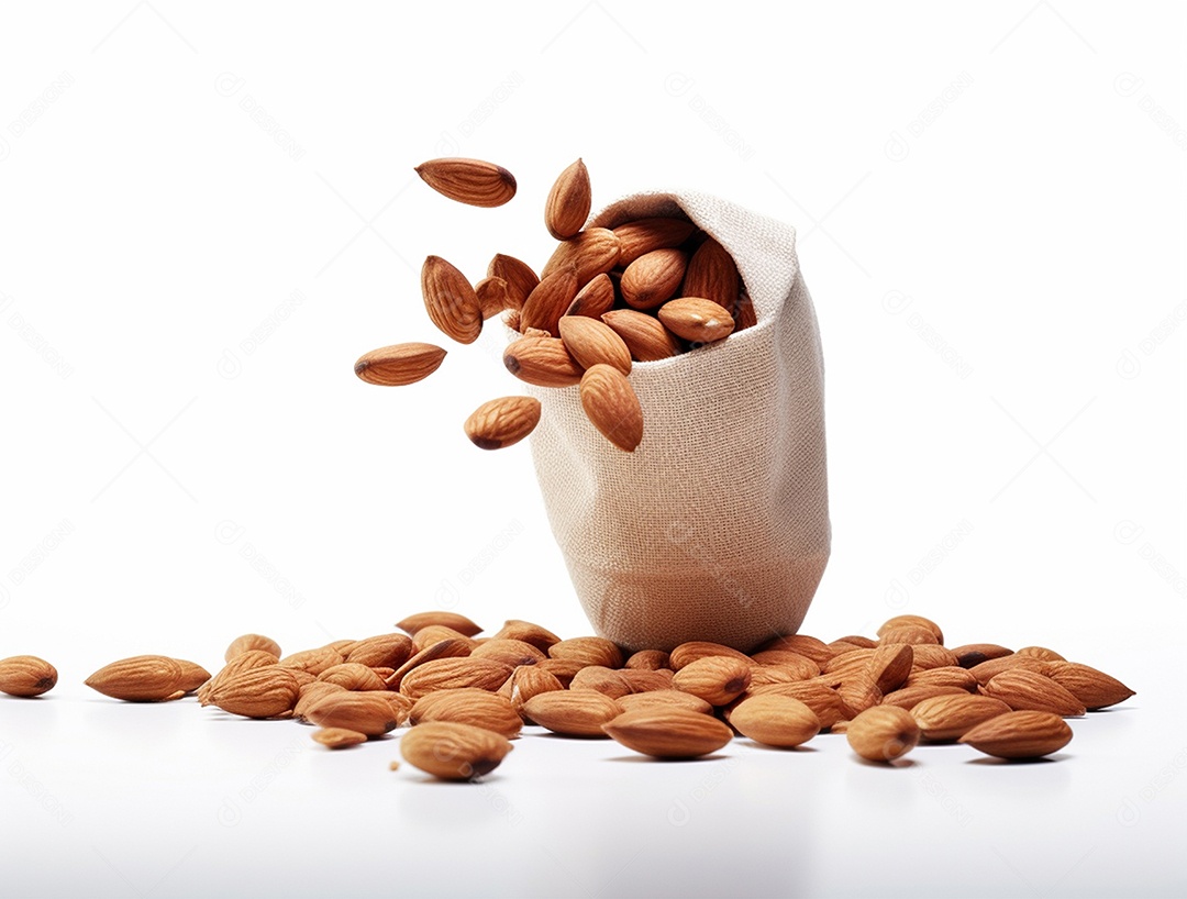 Saco de amêndoas sobre fundo branco.