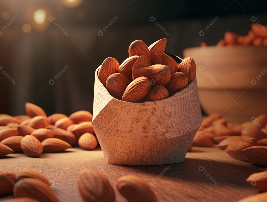 Saco com amêndoas sobre fundo desfocado.