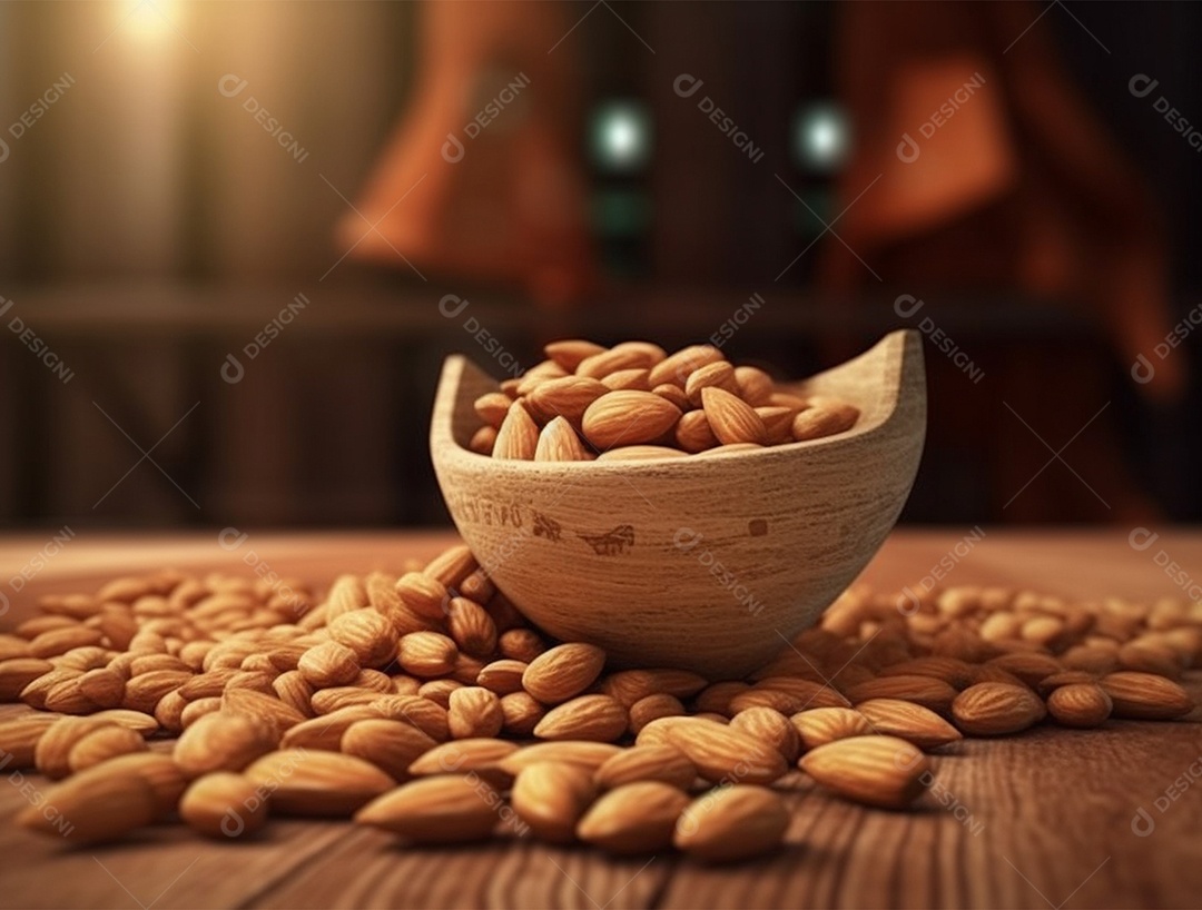 Tigela  com amêndoas sobre fundo desfocado.