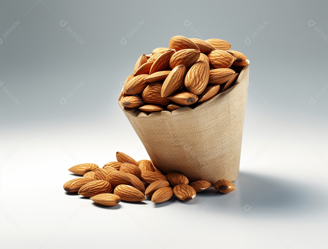Saco com amêndoas sobre fundo branco.