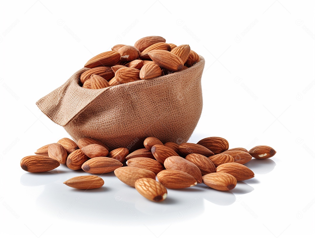 Saco de amêndoas sobre fundo branco.
