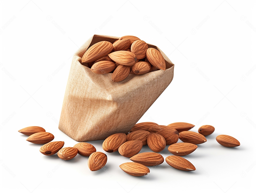 Saco de amêndoas sobre fundo branco.