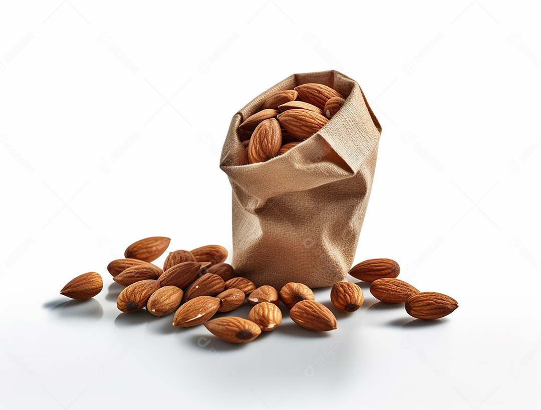 Saco com amêndoas sobre fundo branco.
