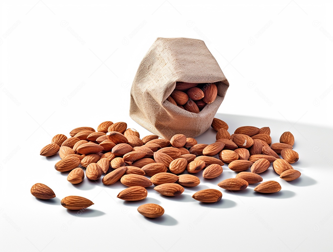 Saco com amêndoas sobre fundo branco.