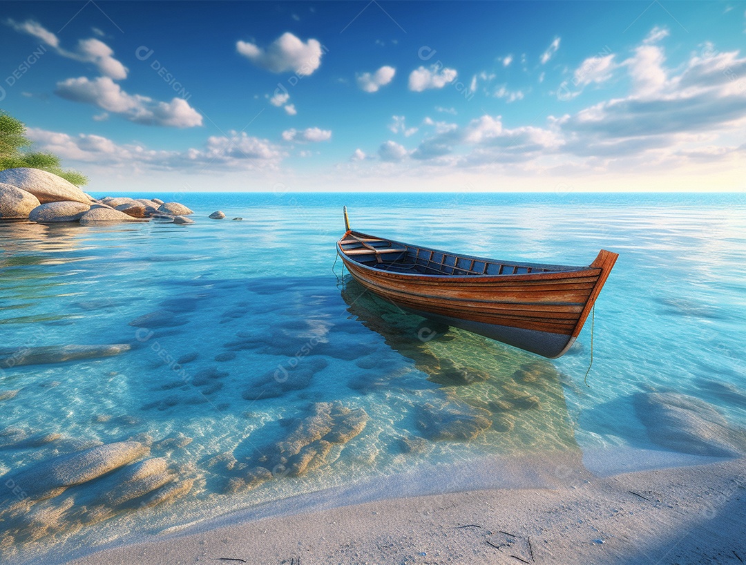Barco de madeira em uma linda praia.