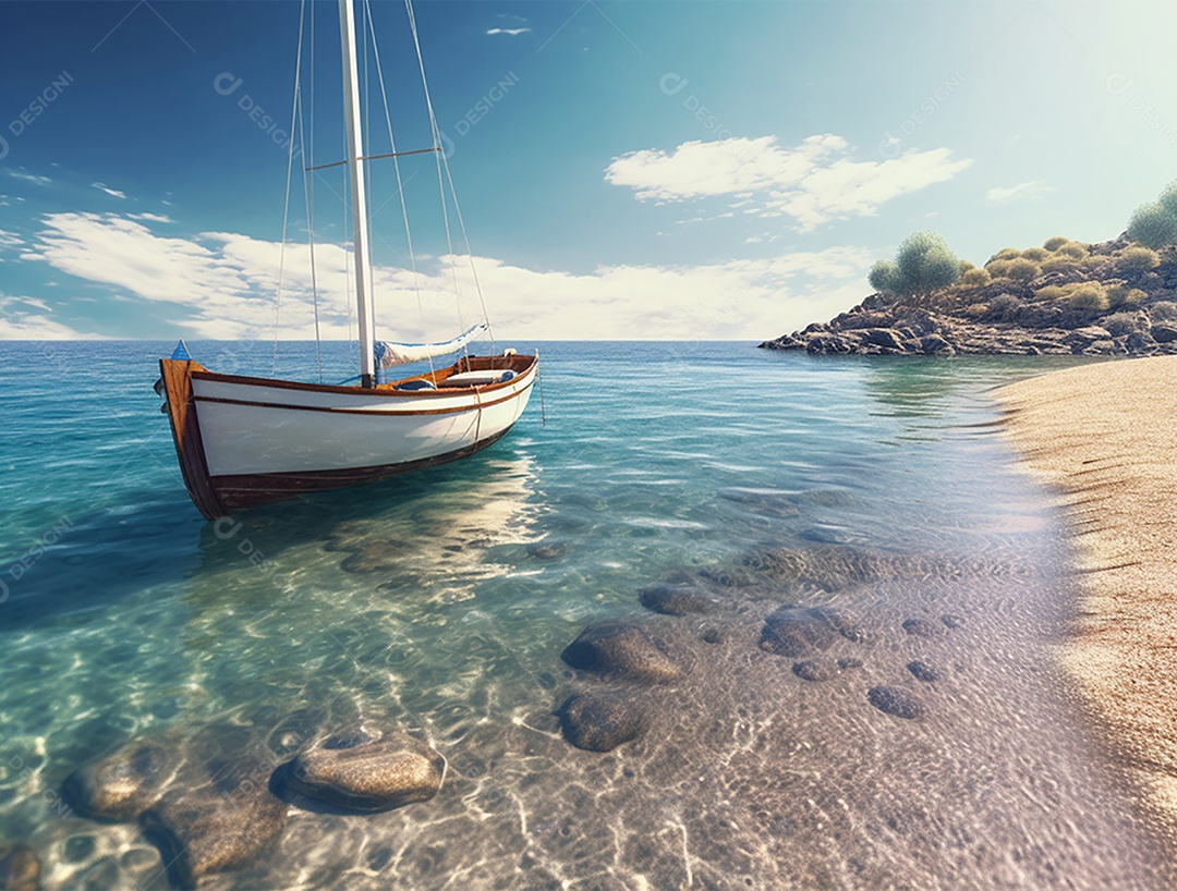 Barco de madeira em uma linda praia.