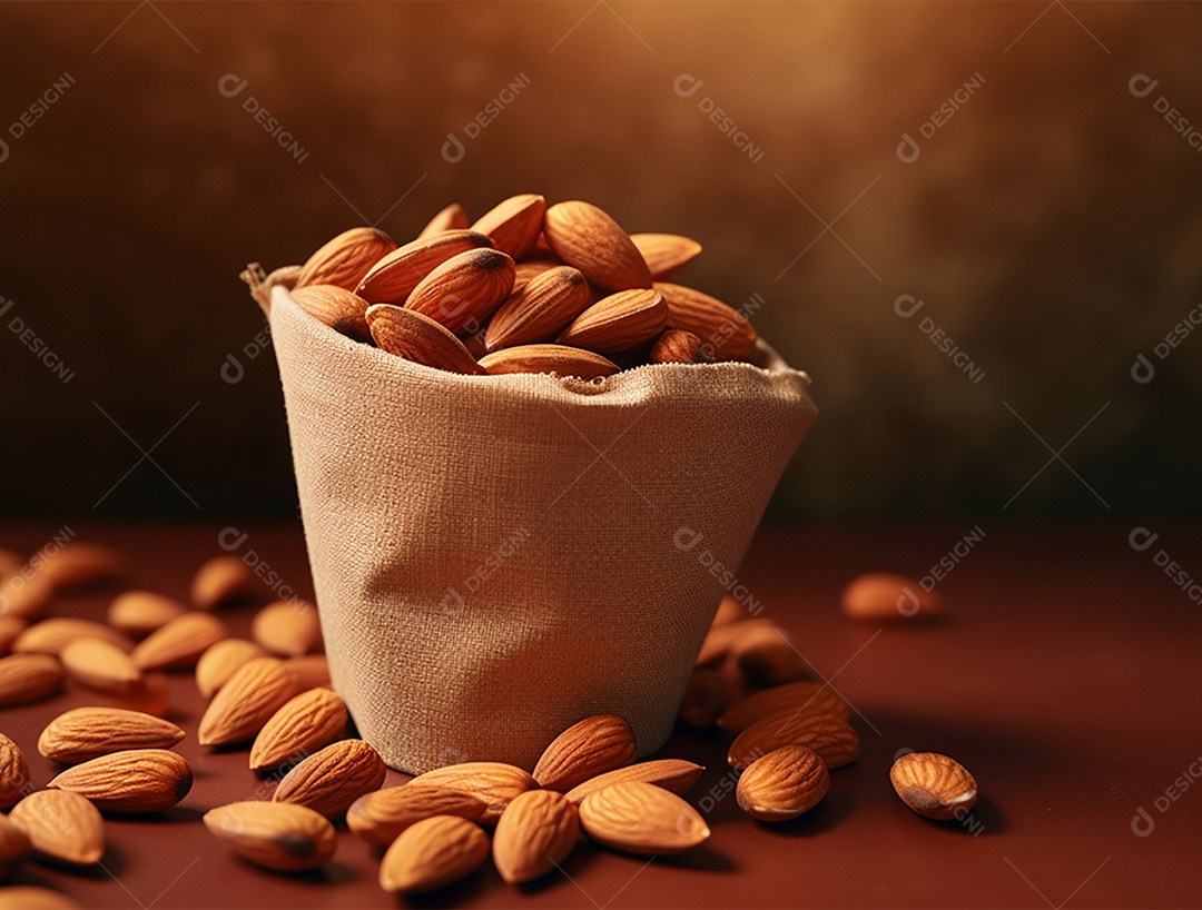 Saco com amêndoas sobre fundo desfocado.