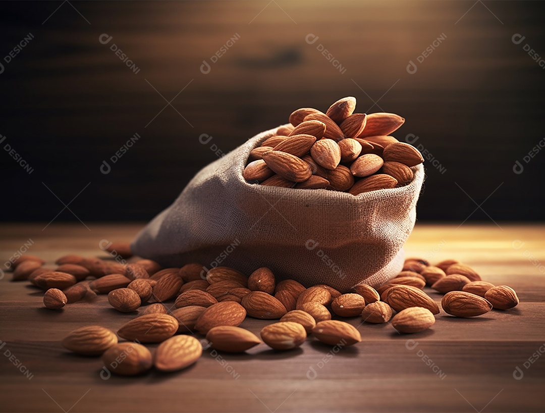 Saco com amêndoas sobre fundo de madeira..