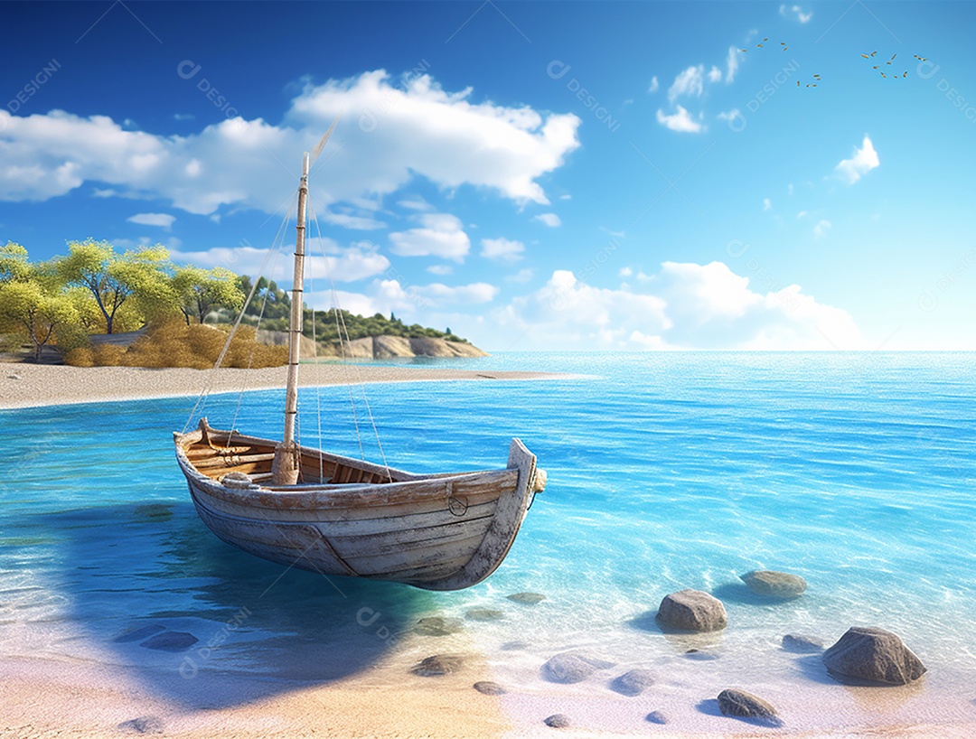 Barco de madeira em uma linda praia.